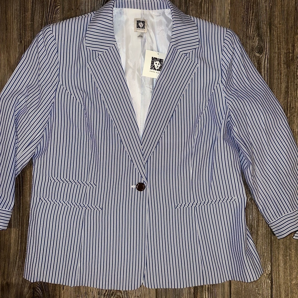 Anne Klein Seersucker Blue and White Striped Blazer Bow Tie Cuff Size Large - Picture 2 of 9